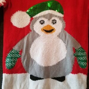Derek Heart Penguin Ugly Christmas Sweater Juniors Medium Red Sequin Long Sleeve